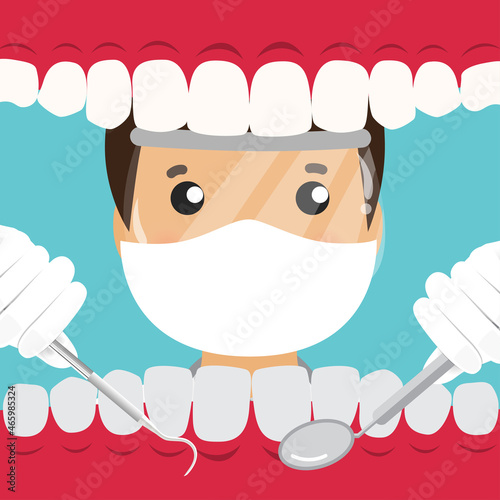 Dentist holding instruments and examining patient teeth. Patient mouth inside view. Teeth examination dentistry concept