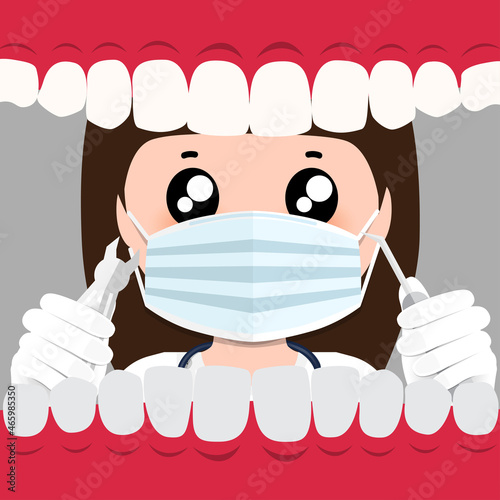 Dentist holding instruments and examining patient teeth. Patient mouth inside view. Teeth examination dentistry concept