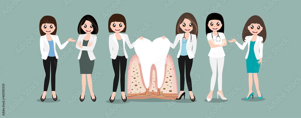 Obraz premium Dentist and Human teeth. Dental care background. Vector illustration.