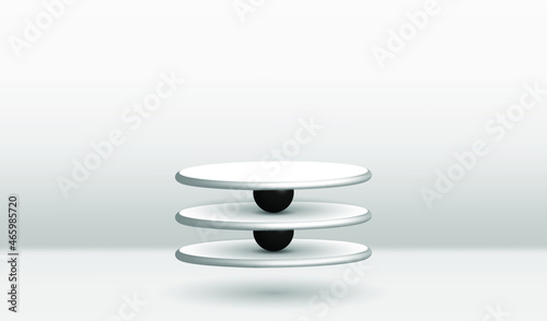 Minimalistic background. Flying podiums and black spheres. Lidht 3D composition on the empty scene photo