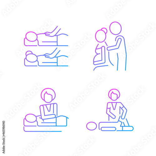 Relaxing spa experience gradient linear vector icons set. Boost bonding in relationship. Prenatal massage therapy. Thin line contour symbols bundle. Isolated outline illustrations collection
