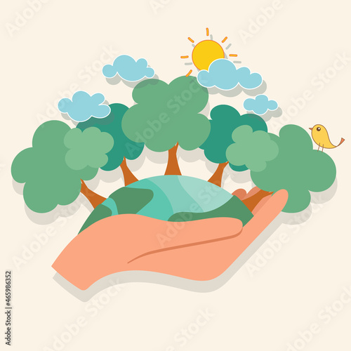 ECO FRIENDLY. Ecology concept with Green Eco Earth and Trees. Vector illustration.