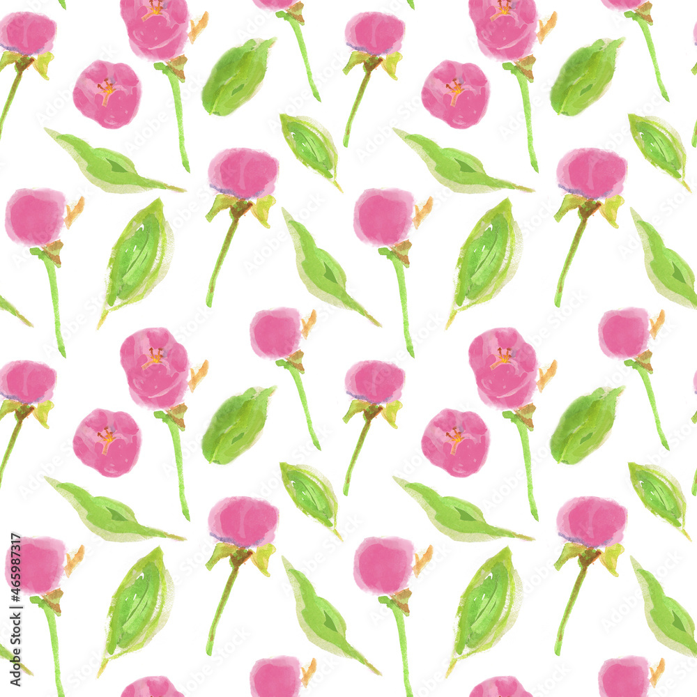 Watercolor pattern with hand painted flowers of roses or peonies and leaves. Floral botanical seamless background.
