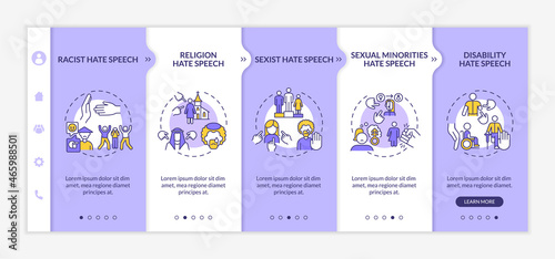 Human rights violation onboarding vector template. Responsive mobile website with icons. Web page walkthrough 5 step screens. Racist and religion hate speech color concept with linear illustrations