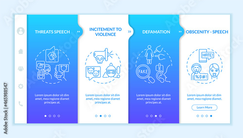 Unprotected expression types onboarding vector template. Responsive mobile website with icons. Web page walkthrough 4 step screens. Incitement to violence color concept with linear illustrations