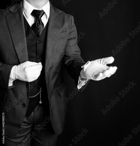 Portrait of Butler in Dark Suit and White Gloves Offering a Helping Hand. Concept of Service Industry and Professional Hospitality.