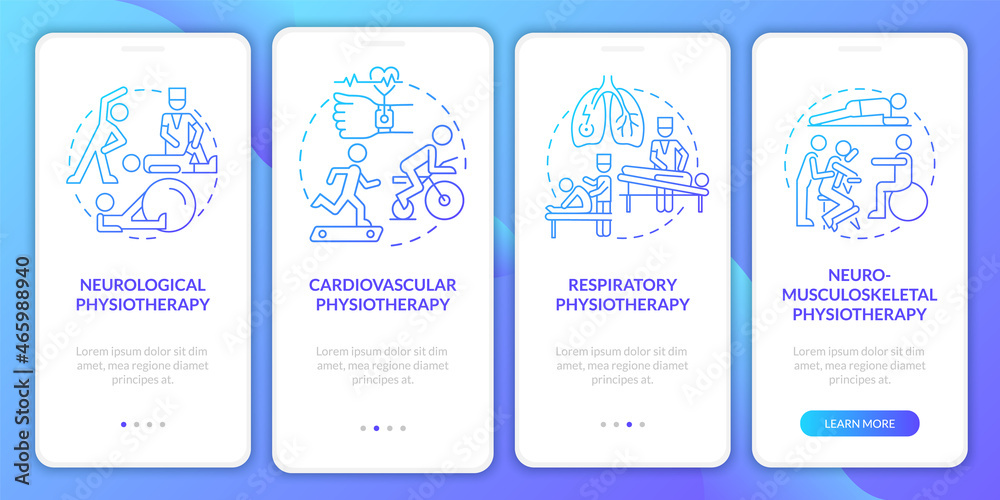 Physiotherapy gradient onboarding mobile app page screen. Physical therapy types walkthrough 4 steps graphic instructions with concepts. UI, UX, GUI vector template with linear color illustrations