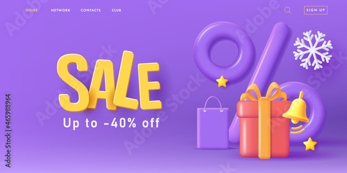 Christmas banner with 3d render composition of gift box with mono chrome shopping bag and big percent sign with jungle bell and snowflakes, big 3d sale letters