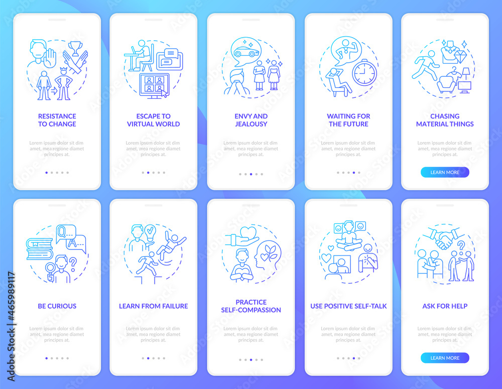 Happiness mindset blue gradient onboarding mobile app page screen set. Walkthrough 5 steps graphic instructions with concepts. UI, UX, GUI vector template with linear color illustrations