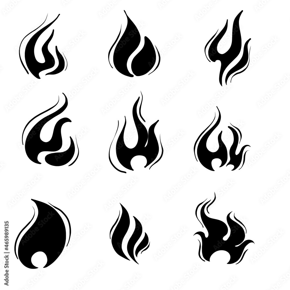 Retro line art illustration with black fire doodle set on white background. Retro line art illustration with black fire doodle set on white background.
