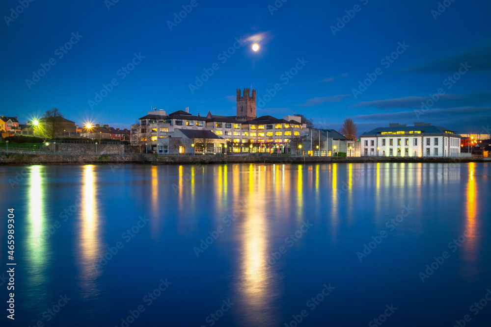 Beautiful scenery of Limerick city at the Shannon river at night, Ireland