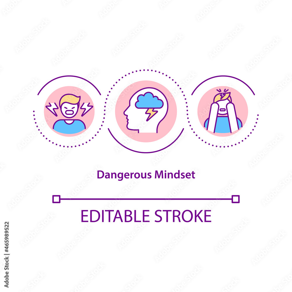 Dangerous mindset concept icon. Negative state of mind abstract idea thin line illustration. Self uncertainty and doubt. Fear and anger. Vector isolated outline color drawing. Editable stroke Dangerous mindset concept icon. Negative state of mind abstract idea thin line illustration. Self uncertainty and doubt. Fear and anger. Vector isolated outline color drawing. Editable stroke