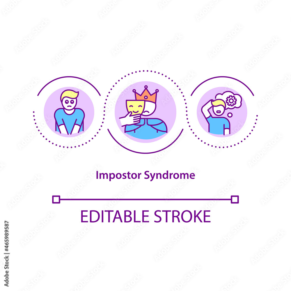 Impostor syndrome concept icon. Psychological pattern abstract idea thin line illustration. Doubting in personal skills and talents. Vector isolated outline color drawing. Editable stroke Impostor syndrome concept icon. Psychological pattern abstract idea thin line illustration. Doubting in personal skills and talents. Vector isolated outline color drawing. Editable stroke