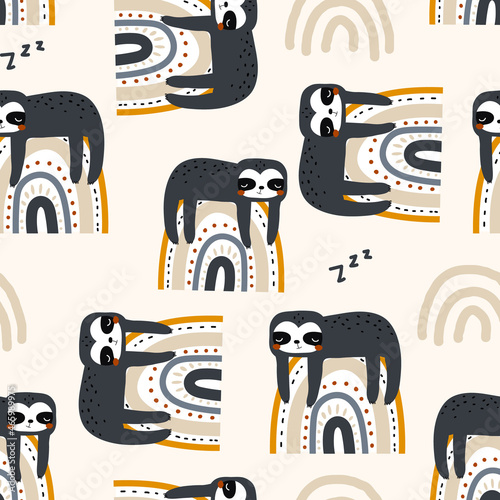 Seamless geometric childish pattern with funny sloths on rainbows. Creative kids texture for fabric, wrapping, textile, wallpaper, apparel. Vector illustration