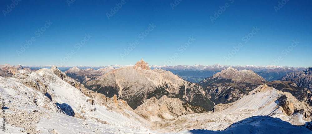 Panoramic view of the famous peaks of the Dolomites, Belluno Province, Dolomiti Alps, Italy