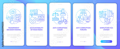 Corruption prevention onboarding gradient mobile app page screen. Fraud prevention walkthrough 5 steps graphic instructions with concepts. UI, UX, GUI vector template with linear color illustrations