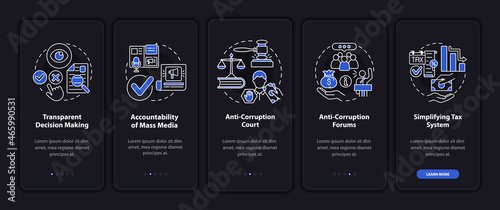 Anti corruption measures onboarding mobile app page screen. Transparency walkthrough 5 steps graphic instructions with concepts. UI, UX, GUI vector template with linear night mode illustrations photo
