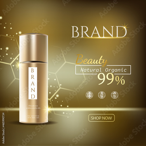 Cosmetic ads template, Realistic Cosmetic bottle. Container for skin care product, serum and other cosmetics bottle mockup on dazzling background. Golden foil and bokeh elements. 3D illustration.