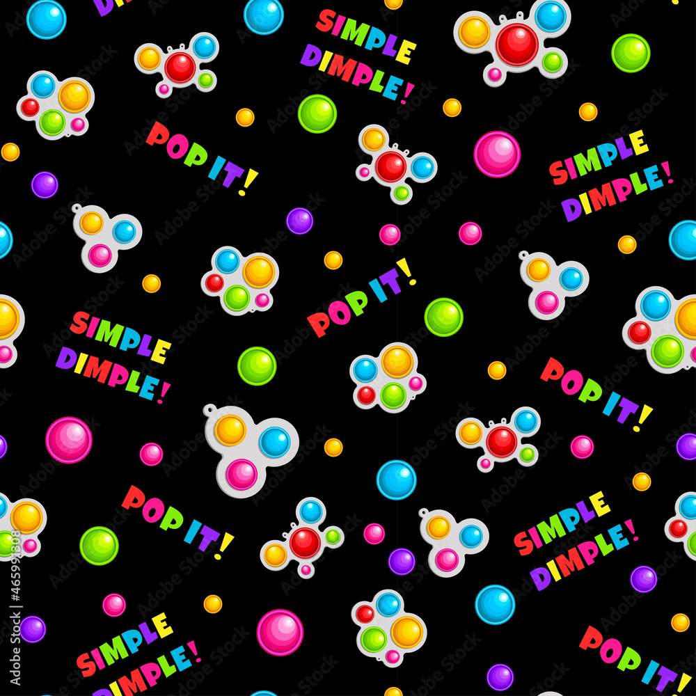 Bright seamless pattern, on a black background. Fashionable anti-stress game, of different shapes. Handmade toy in rainbow colors. Pop it, Simple Dimple.