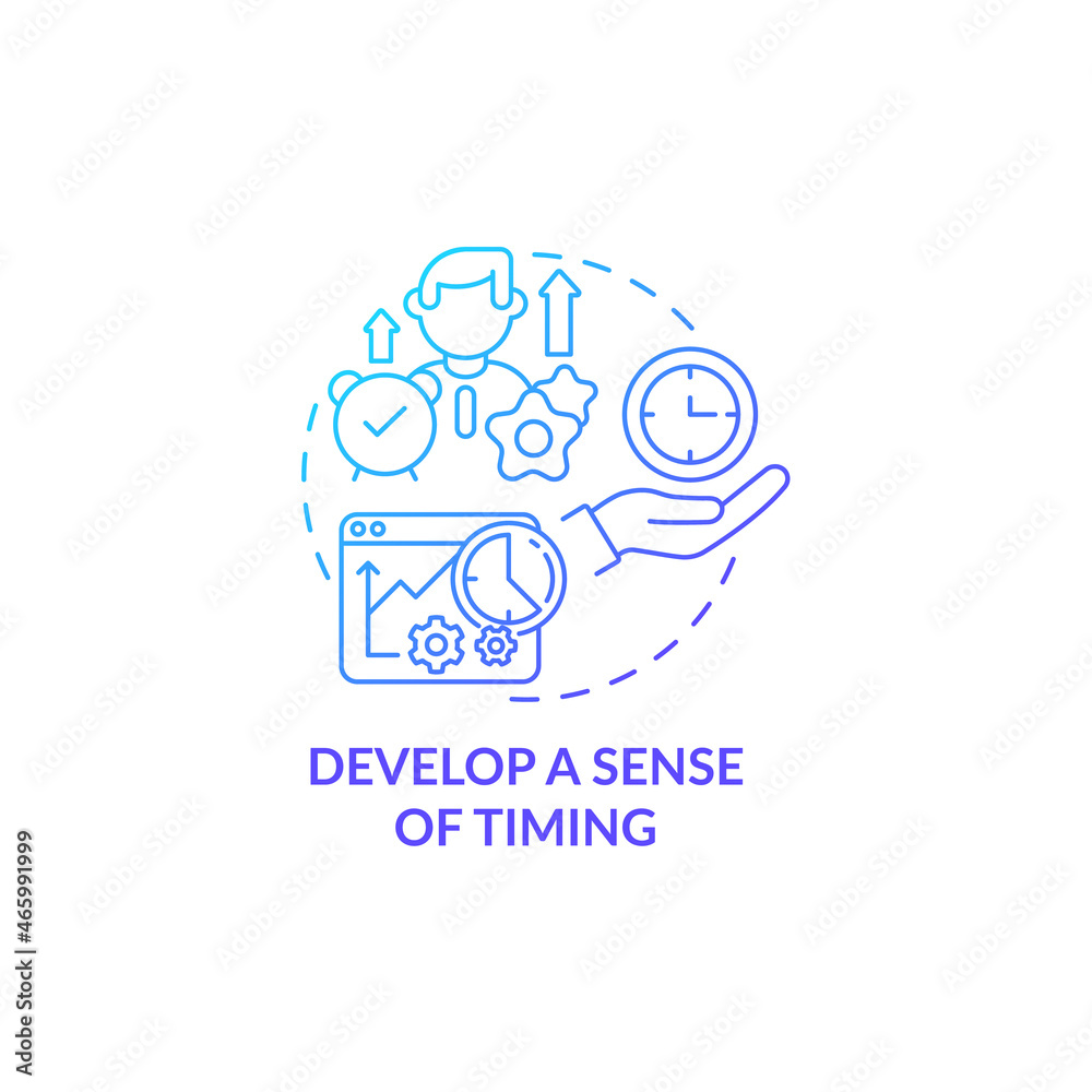 Develop sense of timing blue gradient concept icon. Work schedule. Successful time management. Career advancement abstract idea thin line illustration. Vector isolated outline color drawing Develop sense of timing blue gradient concept icon. Work schedule. Successful time management. Career advancement abstract idea thin line illustration. Vector isolated outline color drawing