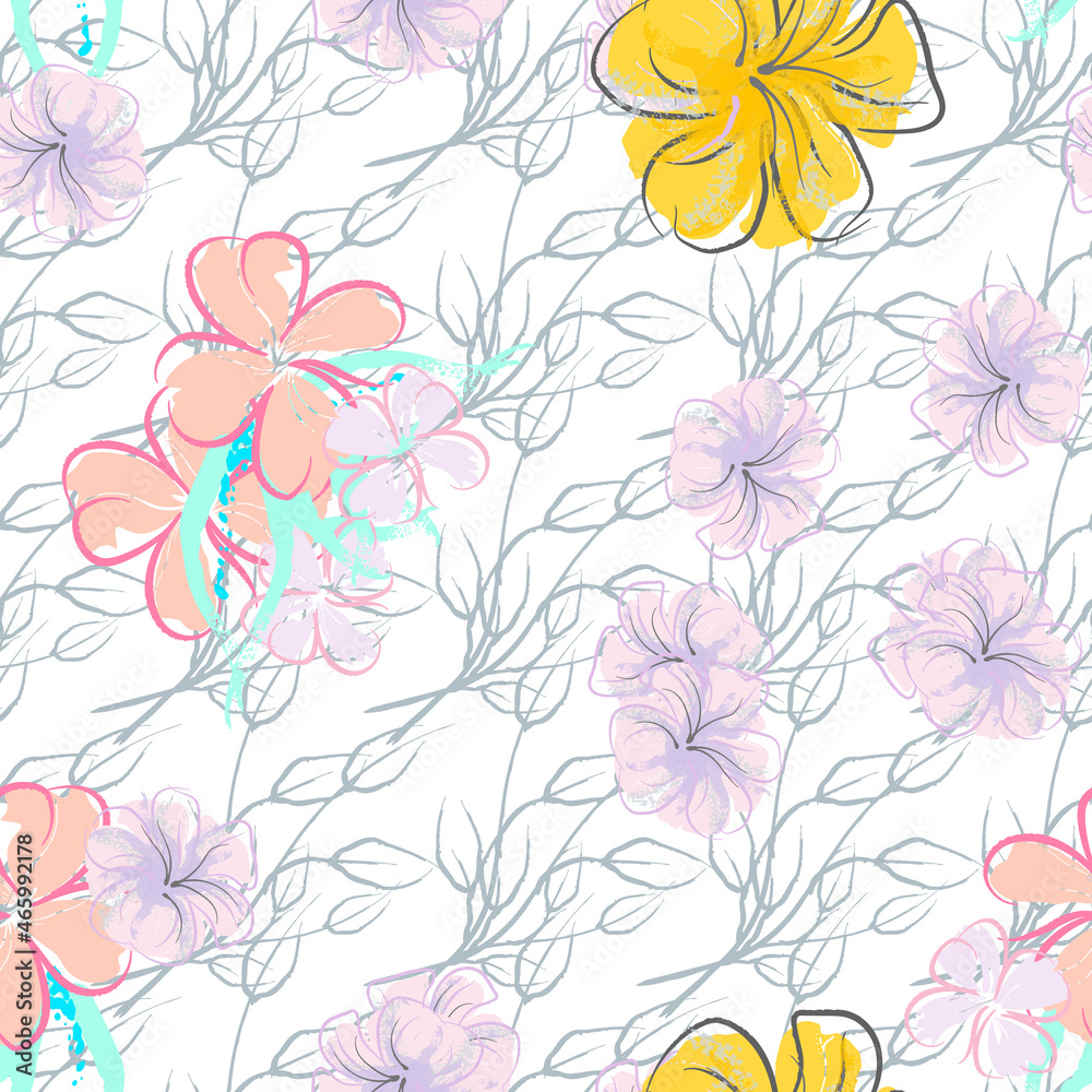 Pink Flowers Blooming Pattern. Pastel Watercolor.