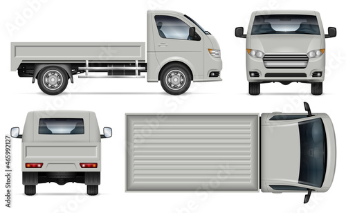 Small truck vector mockup on white background for vehicle branding, corporate identity. View from side, front, back, top. All elements in the groups on separate layers for easy editing and recolor