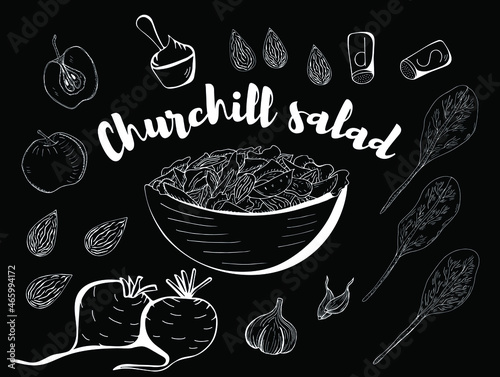 Churchill Salad served on plates with ingridients hand drawn with contour lines on white background