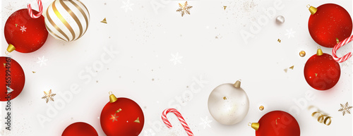  New Year  and Christmas composition. Flat lay design with Christmas decoration, red balls  on a white background.Top view. vector