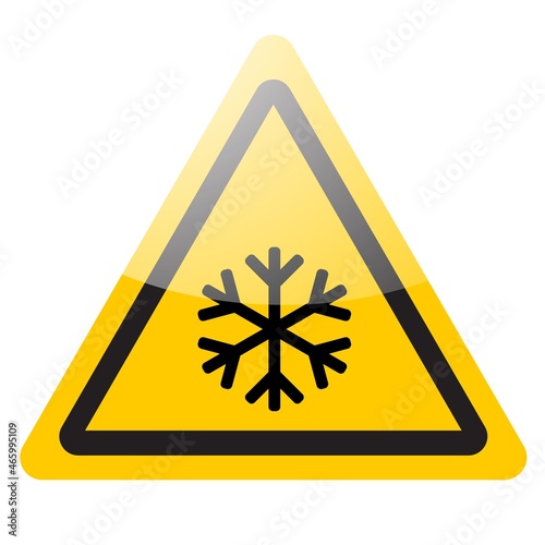 Yellow danger sign. Snowflake warning symbol icon. Vector