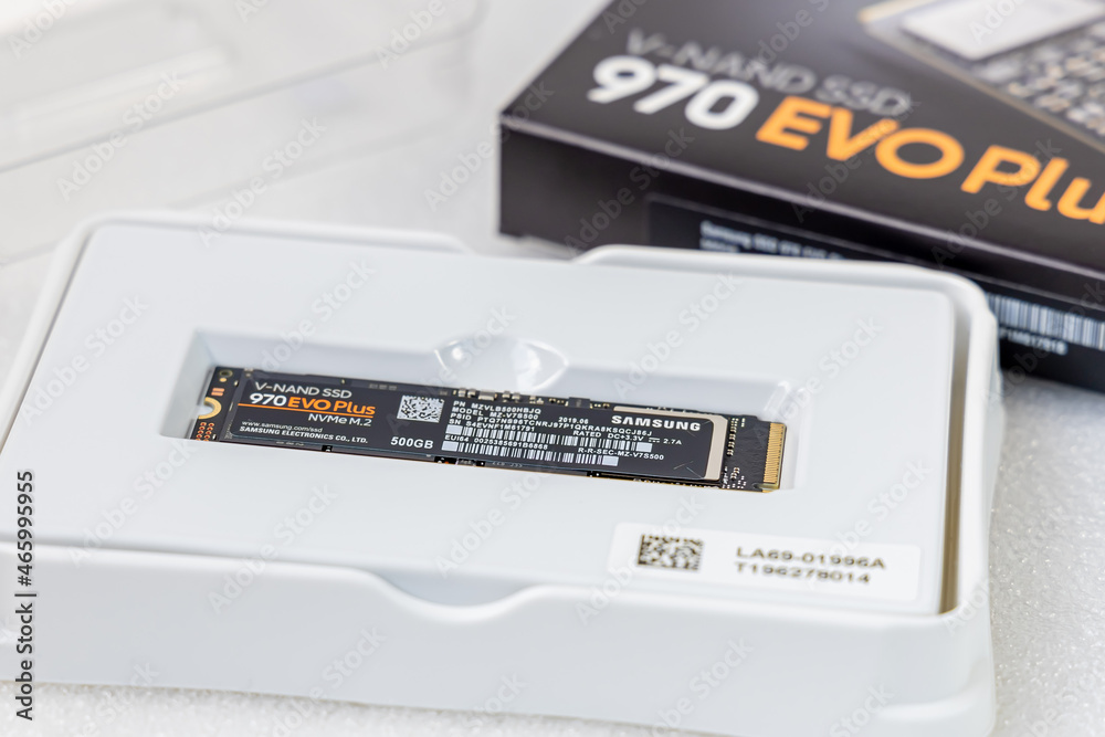 SSD Samsung 970 EVO Plus 500 GB in the packing box. Model MZ-V7S500 NVMe  M.2. Illustrative Editorial, selected focus. Russia, Moscow - May 24, 2020  Stock Photo | Adobe Stock