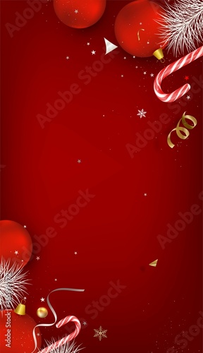 New Year and Christmas vertical composition. Christmas decoration on red.Top view.