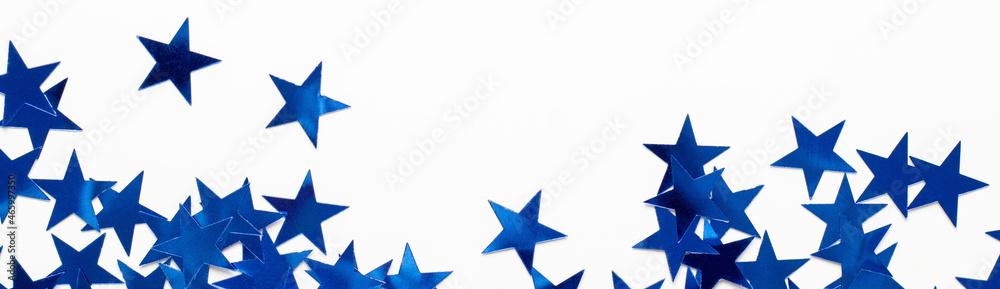 banner of Christmas border with blue star confetti. Holiday background for New Year on white banner of Christmas border with blue star confetti. Holiday background for New Year on white