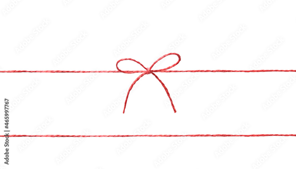 String twine rope red color with bow isolated on white.Thread,fiber. Stock  Photo