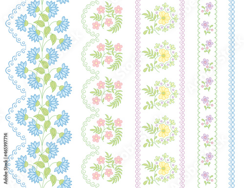 Seamless borders with various flowers. Embroidery patterns.
