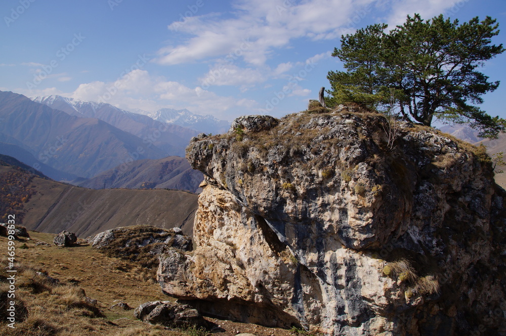 Naklejka premium Mountain view on a clear autumn day. Mountains in Ingushetia. Landscape in the mountains in autumn. Rocks and trees in a mountainous area.