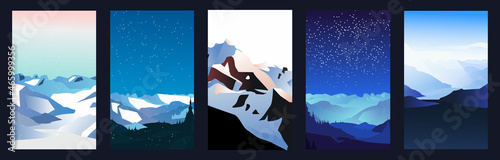 Collection of snow winter mountain landscapes for banner, web site, social media. Editable vector illustration with day and starry night mountain snowy peak