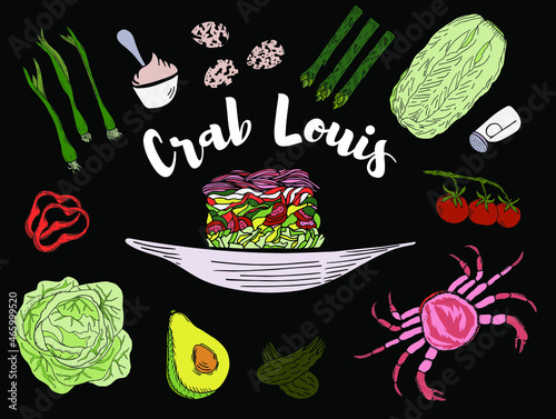 Crab luis Salad served on plates with ingridients hand drawn in Color on Black background