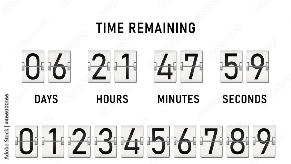 Flip scoreboard countdown counter timer. Countdown board of remaining time with day, hour, minute and second scoreboards. Vector illustration. Flip scoreboard countdown counter timer. Countdown board of remaining time with day, hour, minute and second scoreboards. Vector illustration.