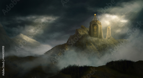 Moody mountain scene of a Temple lit by a ray of sun