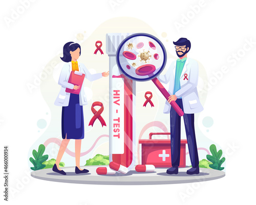 Medical workers with an HIV test tube are researching AIDS Blood on World AIDS day Flat Vector Illustration