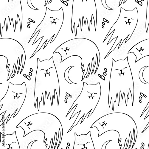 Halloween seamless pattern. Black and white vampire ghost cats in doodle style vector background.