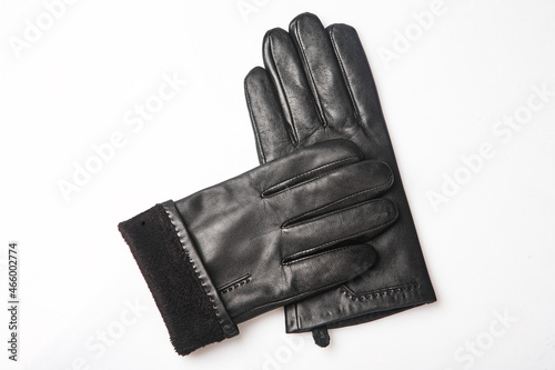 Fashion black leather gloves on white background