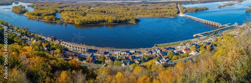 Ariel panorama view from Buena Vista Park during autumn of the Mississippi river at Alma Wisconsin