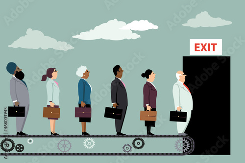 Employees on a conveyor belt leaving their jobs as a metaphor for great resignation, EPS 8 vector illustration