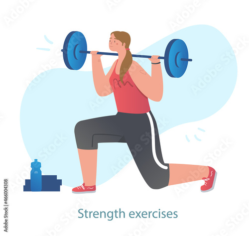 Girl with barbell doing exercises. Character performs lunges with weights. Weightlifting, workout, sports, fitness, bodybuilding. Diet, weight loss, training. Cartoon flat vector illustration