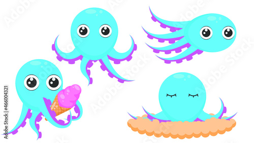 Set Abstract Collection Flat Cartoon Different Animal Blue Octopus Tentacles Swim  Floats  With Huge Ice Cream  Sleeping Vector Design Style Elements Fauna Wildlife
