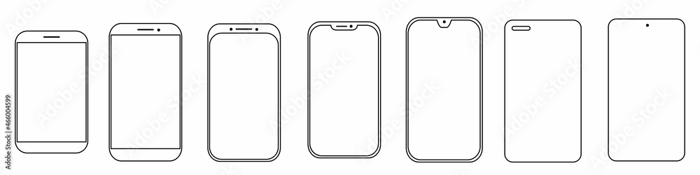 Set high quality realistic trendy different black models smartphone with empty touch screen front view icon. Detailed line mockup smartphone sign, linear model mobile phone, app, ui, ux, front view Set high quality realistic trendy different black models smartphone with empty touch screen front view icon. Detailed line mockup smartphone sign, linear model mobile phone, app, ui, ux, front view