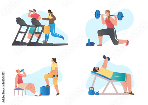 Set of athletes doing exercise. Collection of images with people in gym. Training, fitnes, indoor. Healthy lifestyle, workout, sport. Cartoon flat vector illustrations isolated on white background