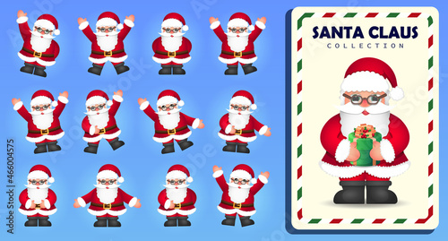 Collection of cartoon funny Santa Clauses in different poses and Santa with a gift. Holiday vector illustration on blue background. Merry Christmas and Happy New Year.