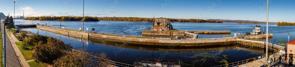 Panorama of Lock and Dam No. 4 at Alma, Wisconsin on the Upper Mississippi River during autumn.
